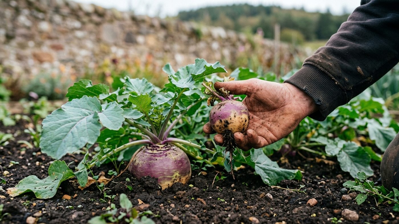 A hand holding a small baby swede root about the size of a golf ball next to a full-size swede root with purple-topped skin left growing in the row