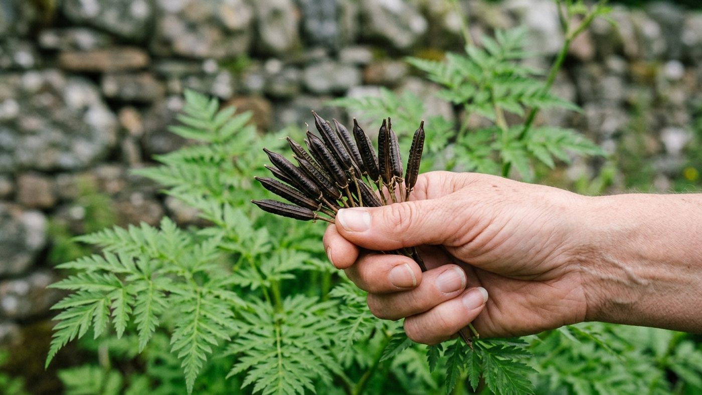 A bare hand holding a small cluster of long dark ridged sweet cicely seed pods gathered from the plant in summer
