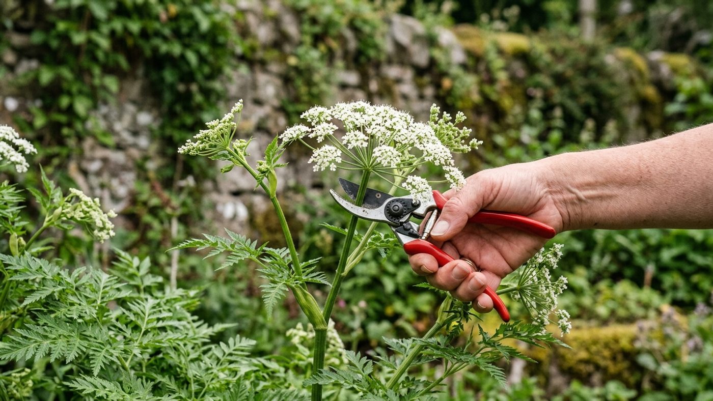 A bare hand using secateurs to cut a sweet cicely flower stalk topped with a flat white umbel of tiny flowers