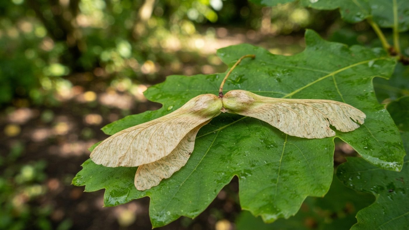 A close-up of winged sycamore samaras, known as helicopter seeds