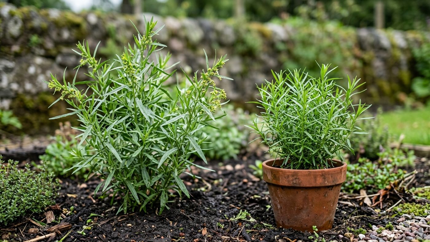 Russian tarragon with coarser leaves next to French tarragon with narrower, more refined leaves