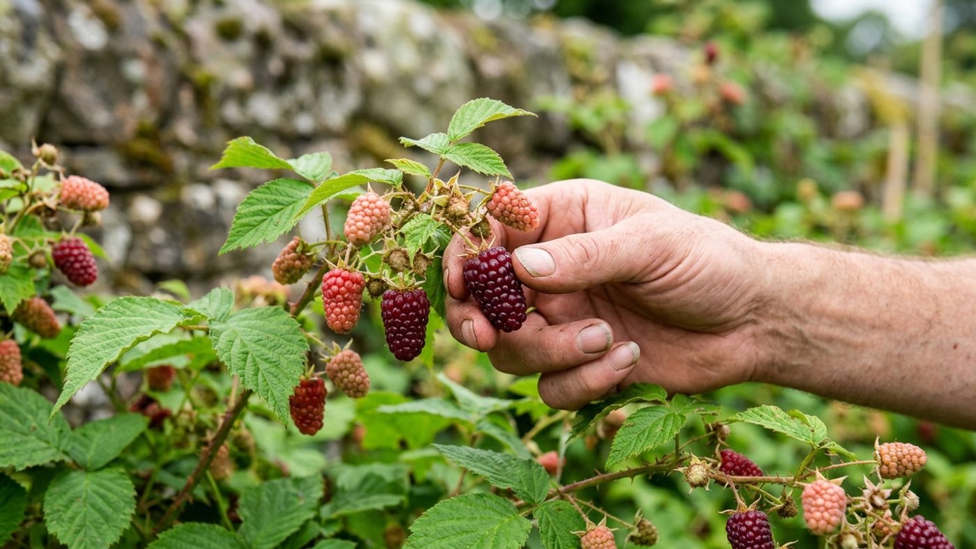 A hand picking a fully dark ripe tayberry, deeper in colour than less-ripe berries nearby