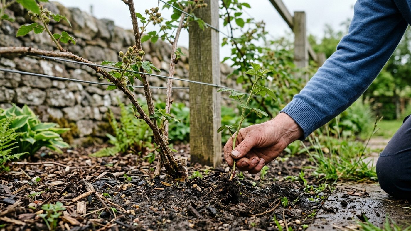 A hand removing a young sucker shoot growing from a tayberry plant outside its planted area