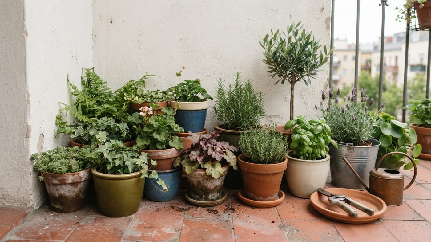 Several smaller pots grouped near a load-bearing wall on a balcony rather than one large container