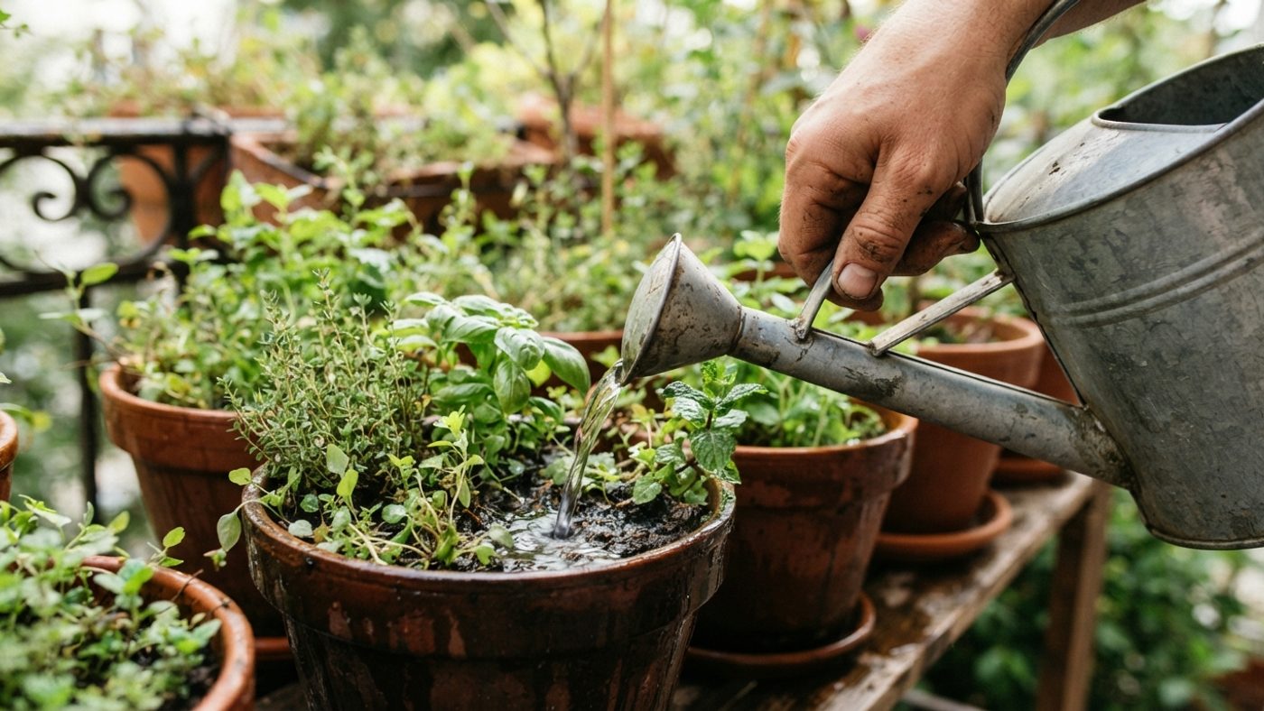 A watering can being used to water balcony pots, carried out from an indoor tap