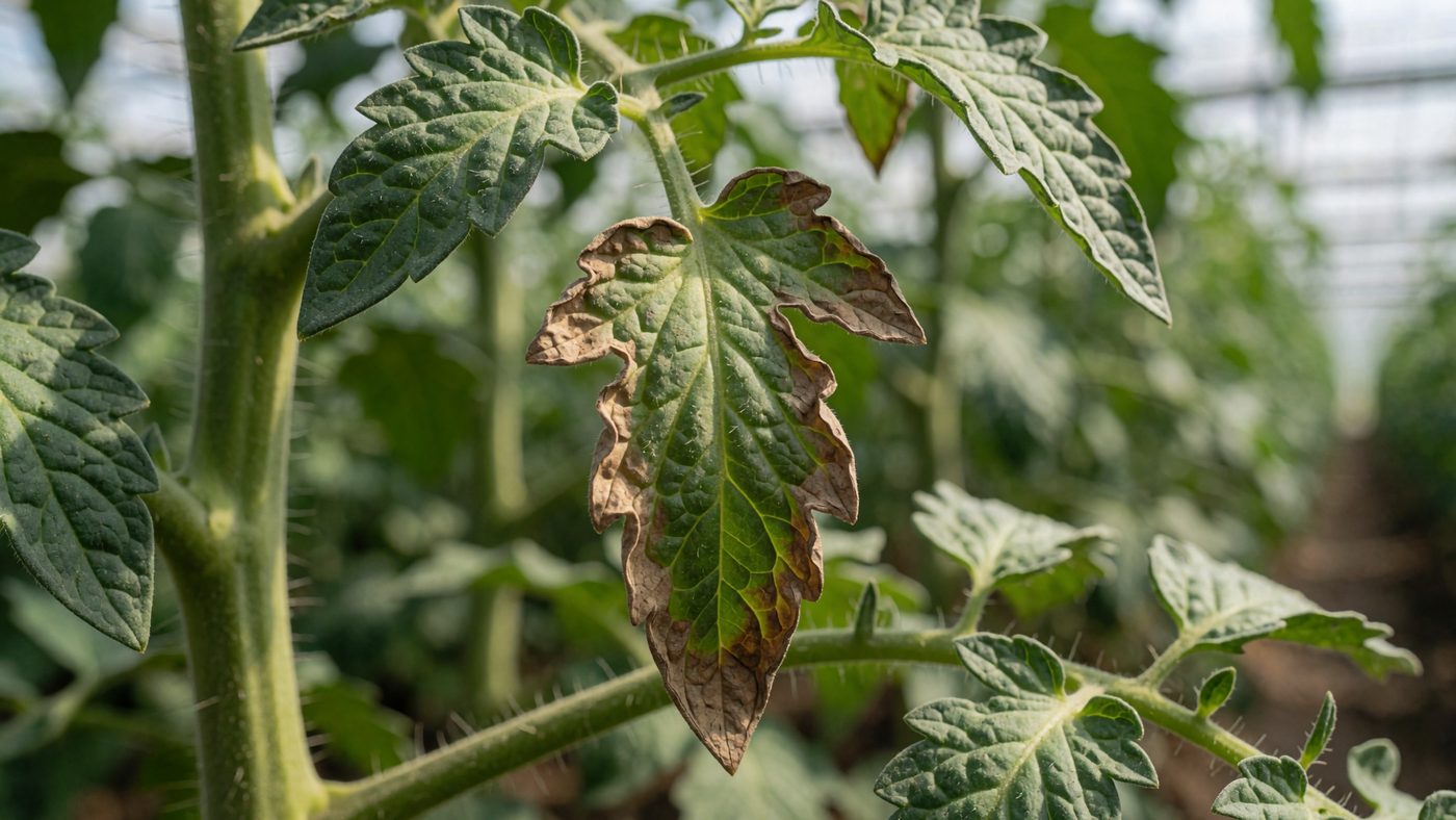 A tomato leaf curling inward with dry, crispy, browned margins, still attached to the plant