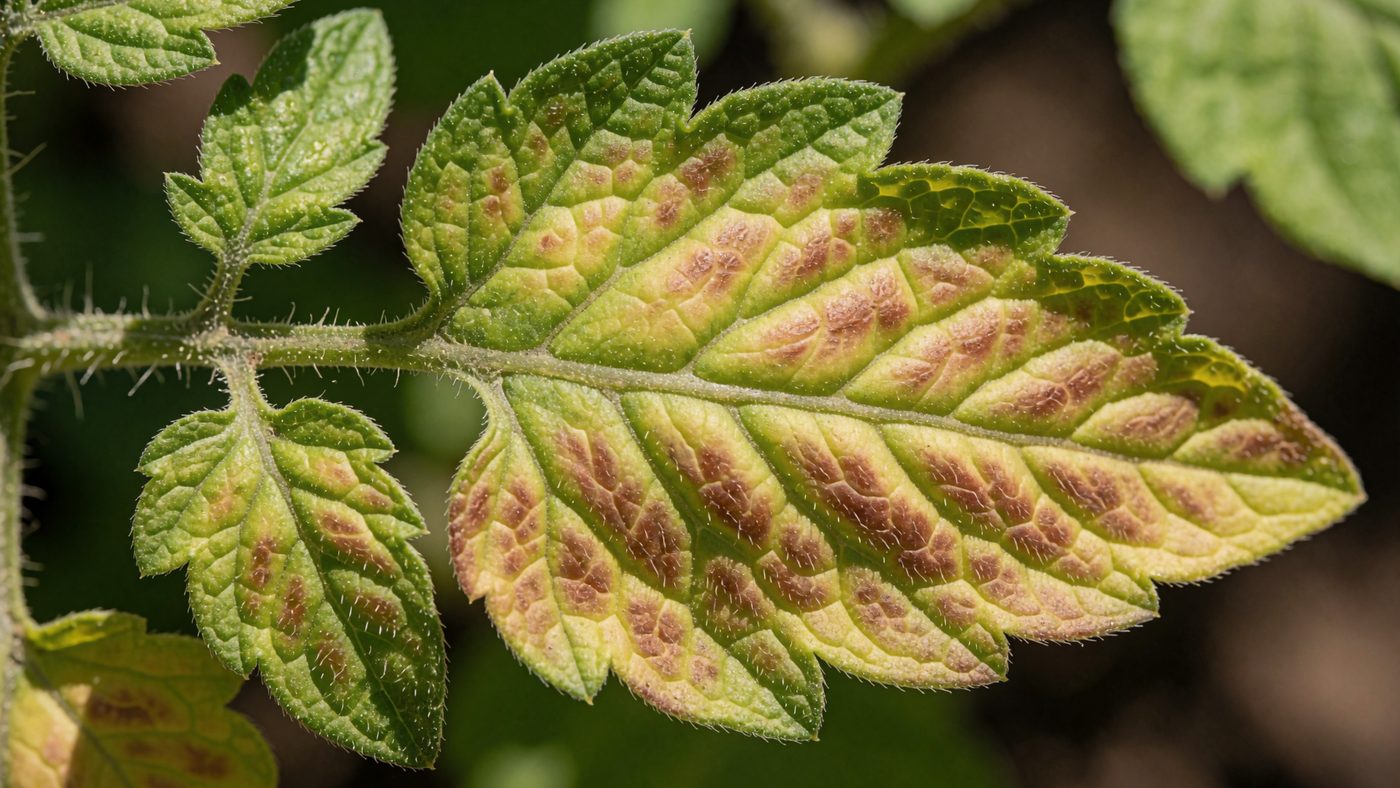 A tomato leaf showing reddish-brown discolouration and dead patches between the veins, veins staying green