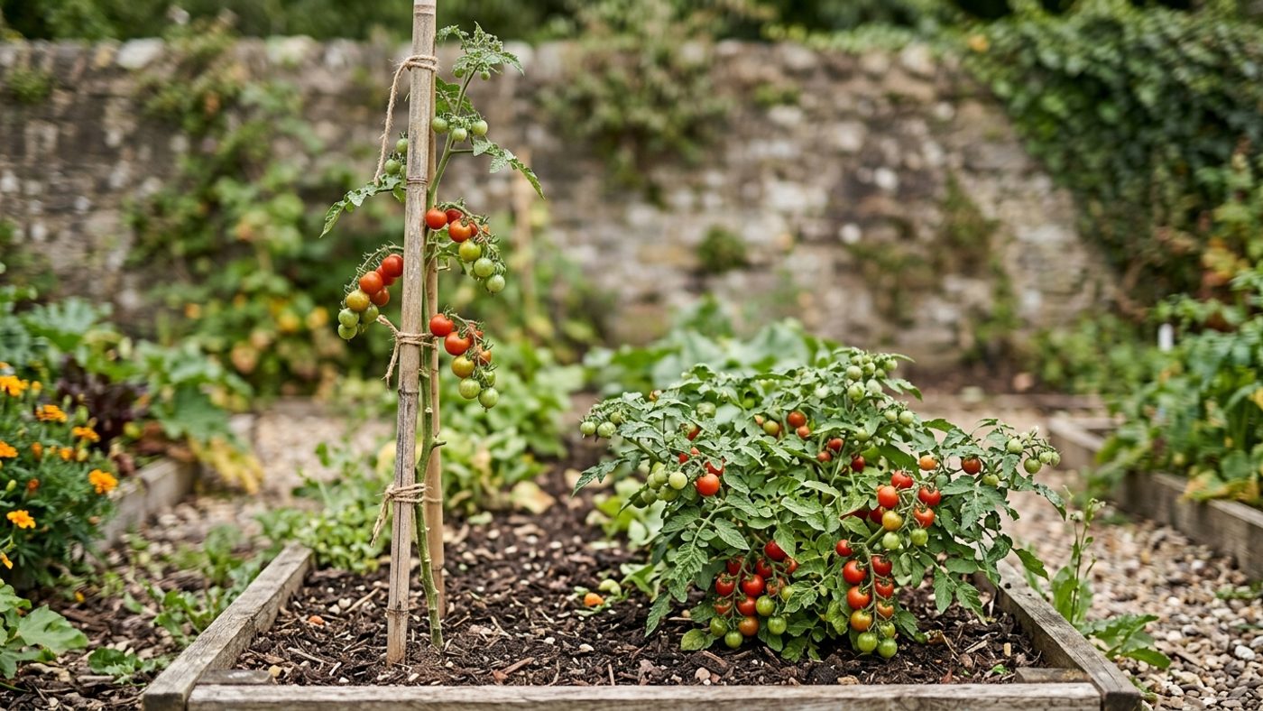 A tall single-stemmed cordon tomato plant on a cane next to a low, bushy determinate tomato plant