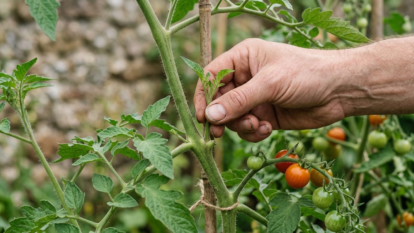 A hand pinching out a small tomato side-shoot growing from the joint between a leaf and the main stem