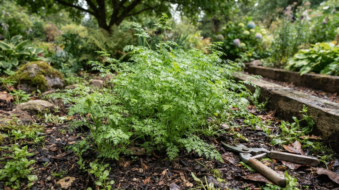 A patch of feathery chervil growing in a lightly shaded, damp corner of a bed