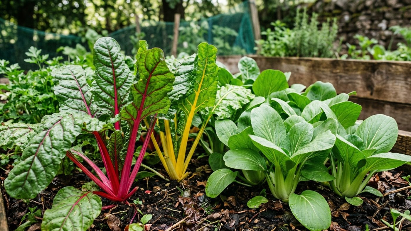 Healthy chard with colourful stems growing next to leafy pak choi in a partially shaded garden bed