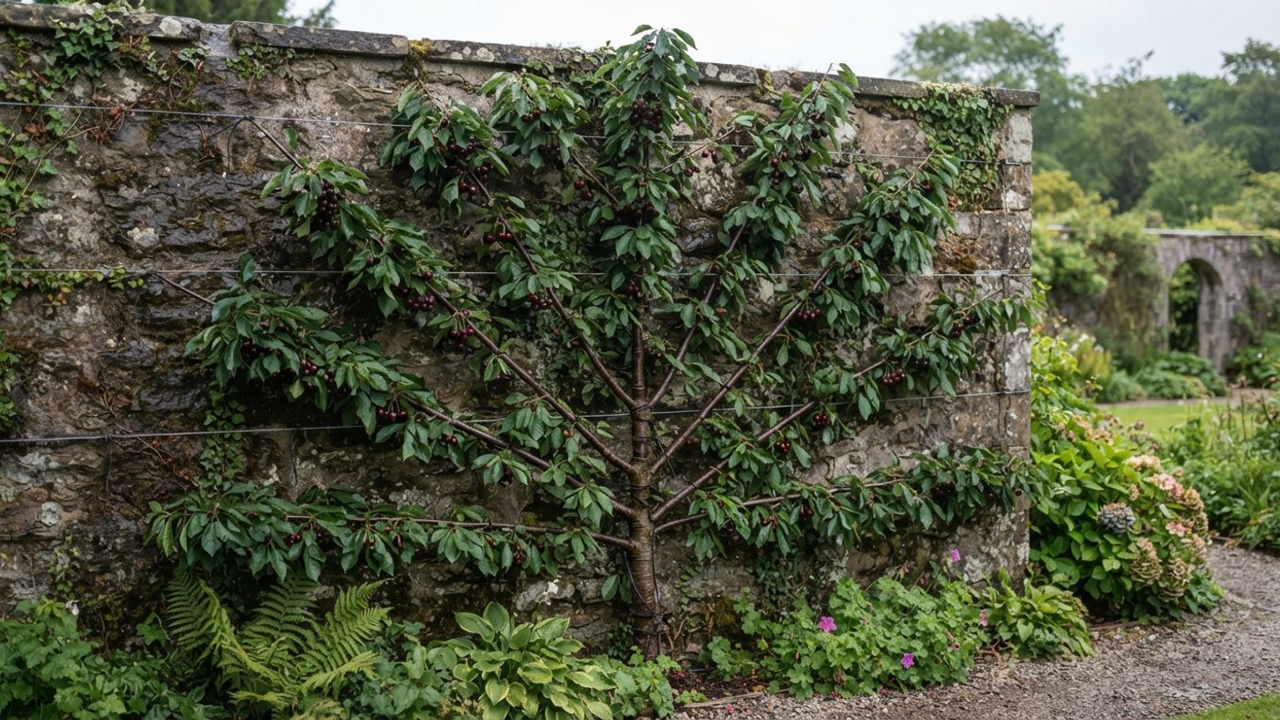 A Morello cherry tree fan-trained flat against a shaded north-facing wall, branches spread evenly in a fan shape