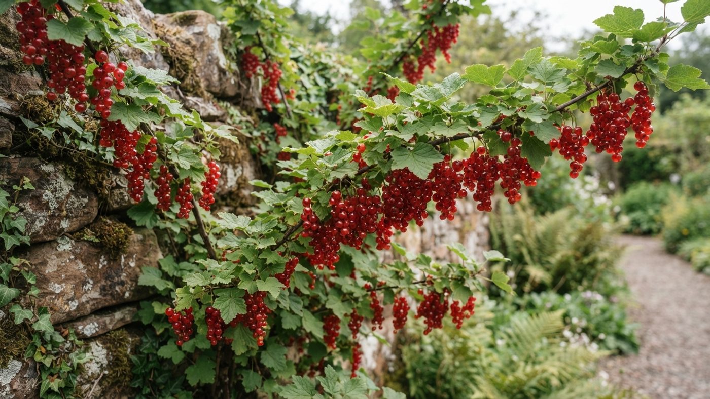 A redcurrant bush heavy with clusters of ripening red berries against a partly shaded wall