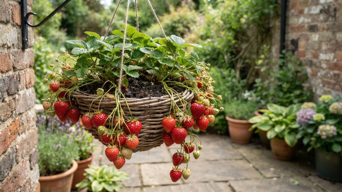 Ripe strawberries trailing from a hanging basket