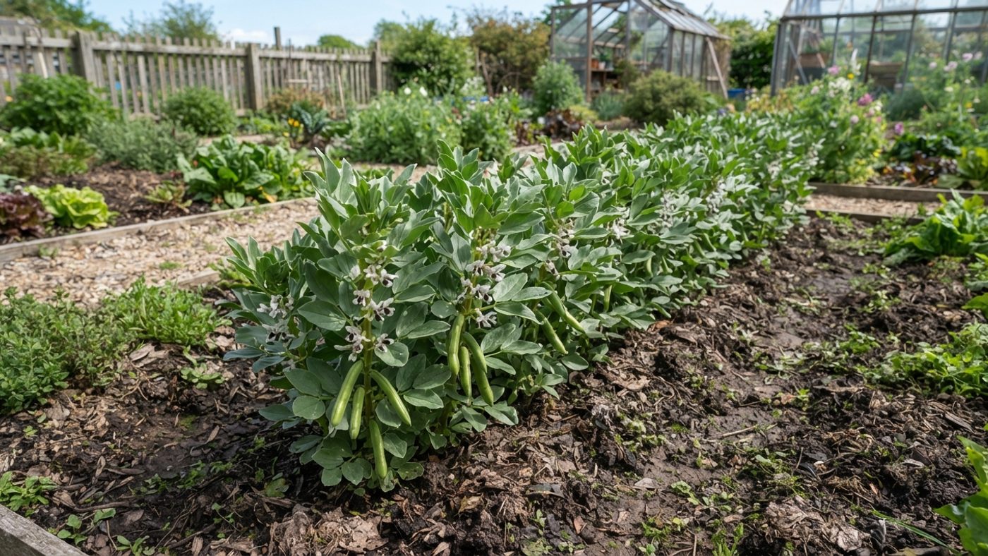 Compact dwarf broad bean plants growing low and self-supporting without canes