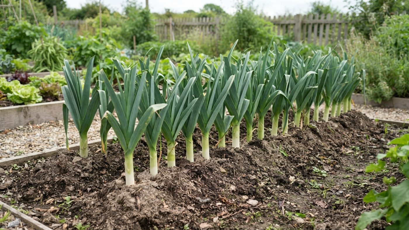 A row of leeks earthed up at the base for stability against wind