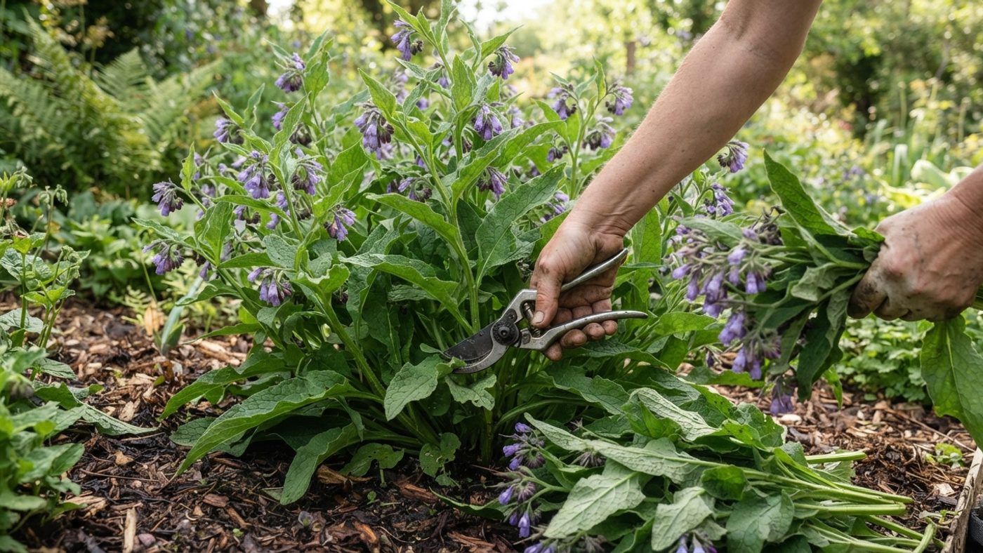 A dense clump of comfrey with large leaves and purple flowers being cut for mulch