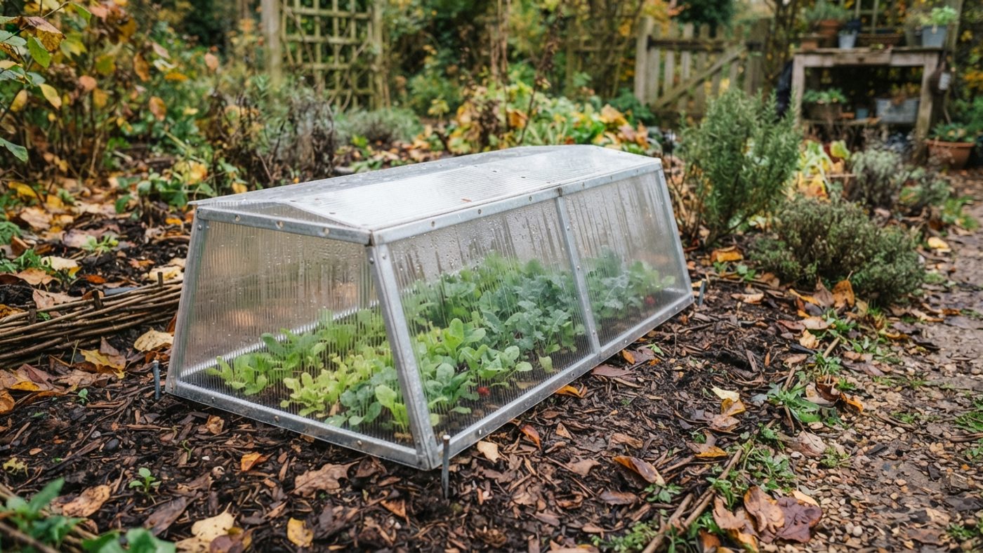 A cloche placed over a row of late-sown seedlings in a garden bed