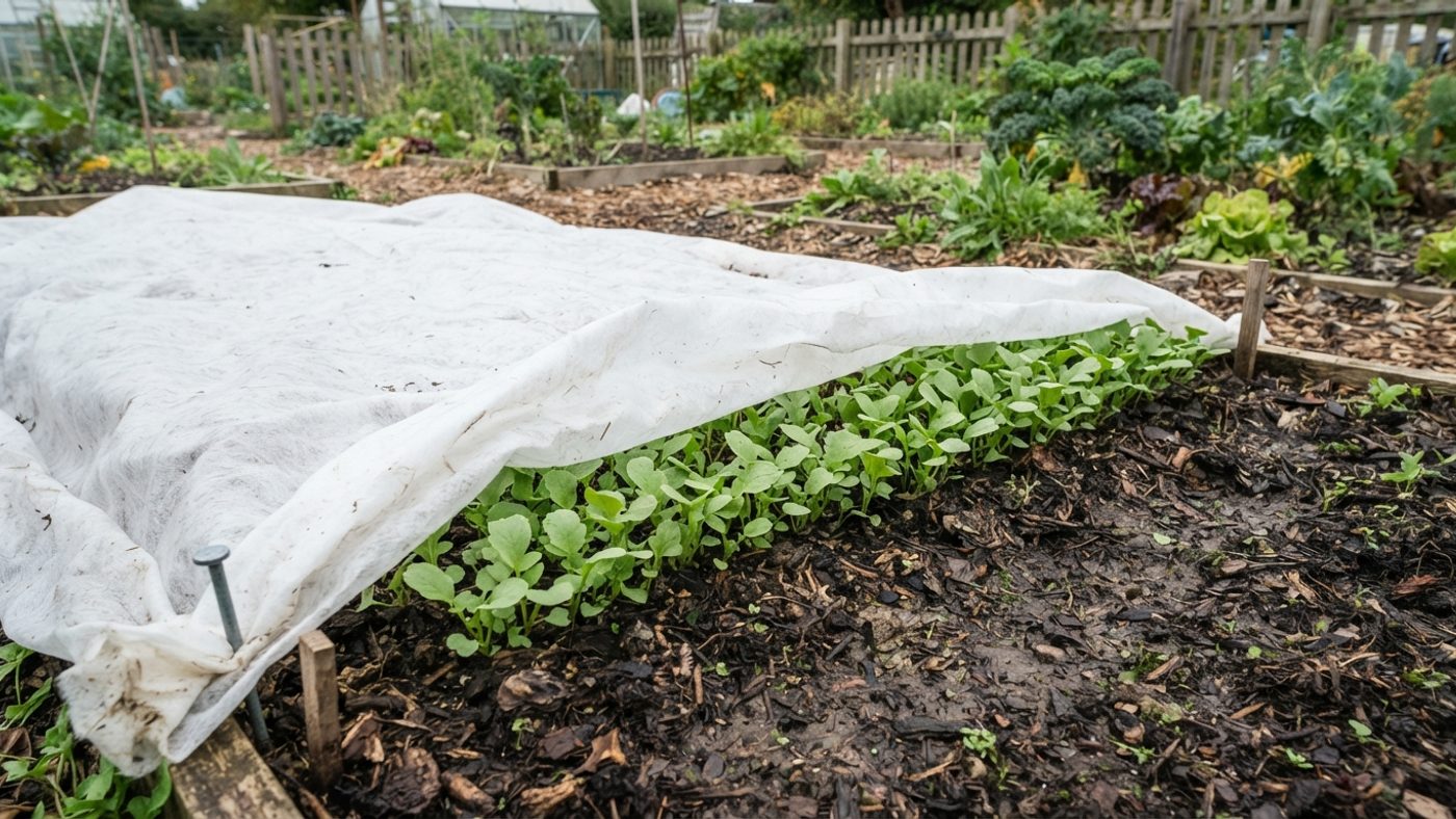 A row of winter radish seedlings under a floating fleece cover