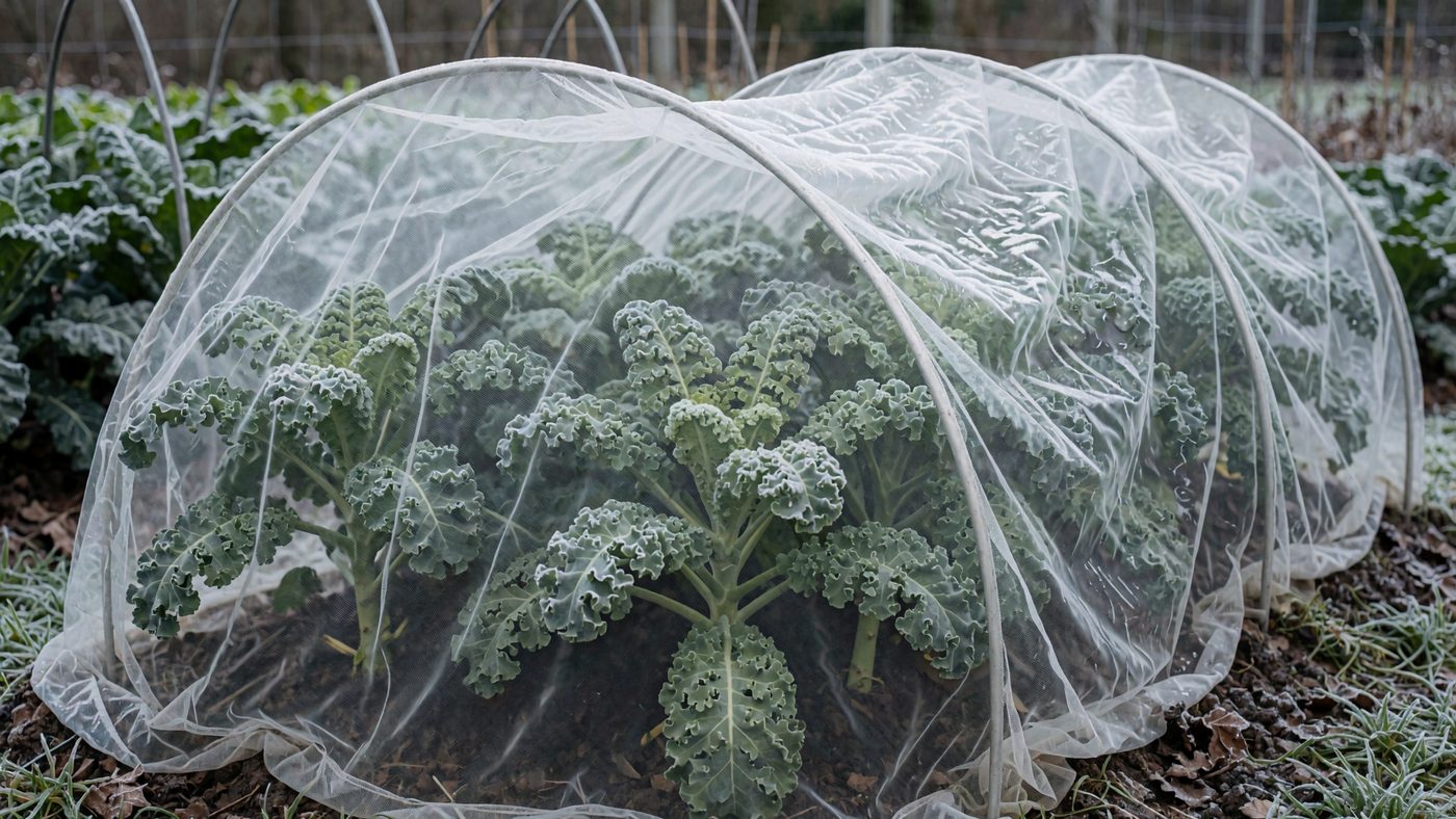 Kale plants under fine mesh netting held clear of the leaves on hoops, frost on the mesh