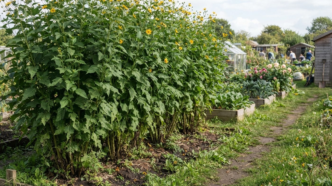 A tall stand of Jerusalem artichoke plants acting as a windbreak at the edge of a plot