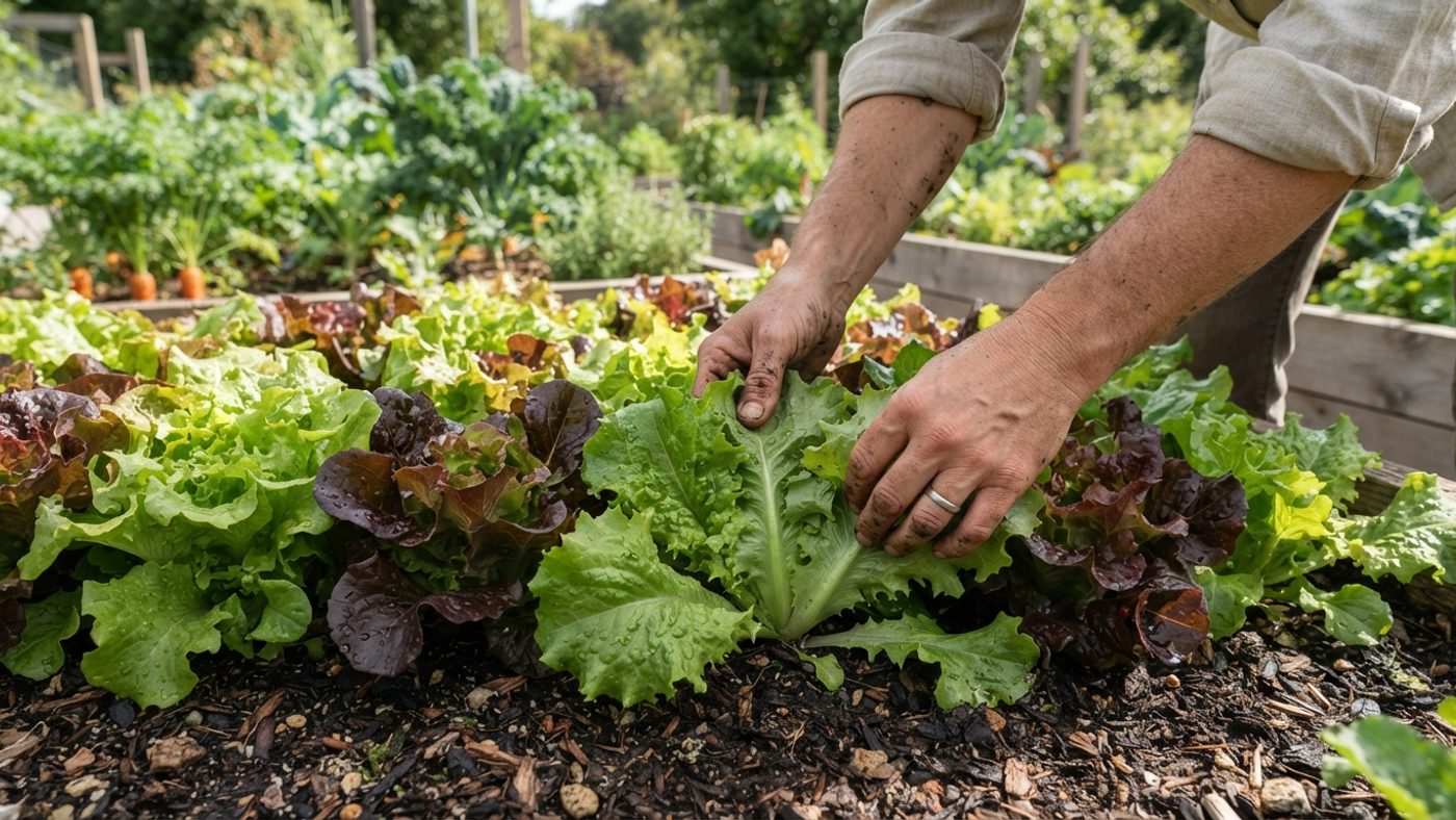 Hands picking individual leaves from a cut-and-come-again lettuce row