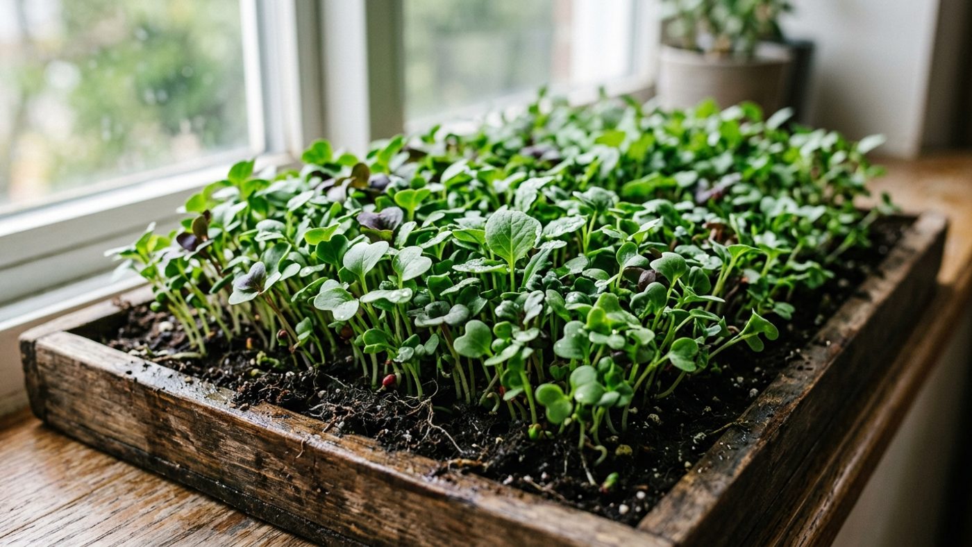 A shallow tray of microgreens sown thickly on moist compost, small seedling leaves crowded close together