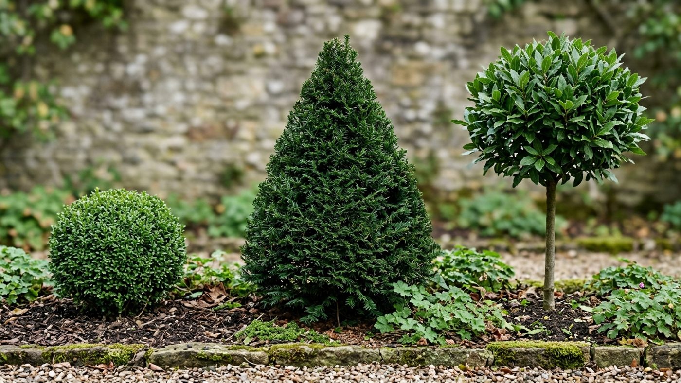 A small dense box ball, a larger dark yew cone and a bay standard with large glossy leaves shown side by side for comparison