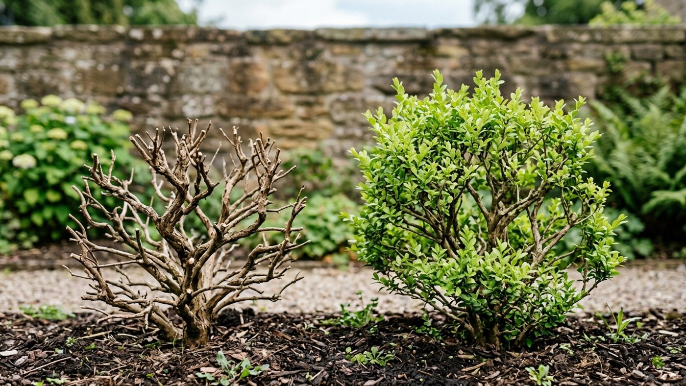 An overgrown, shapeless box topiary cut back hard to bare stems next to one a season into recovery with fresh new growth