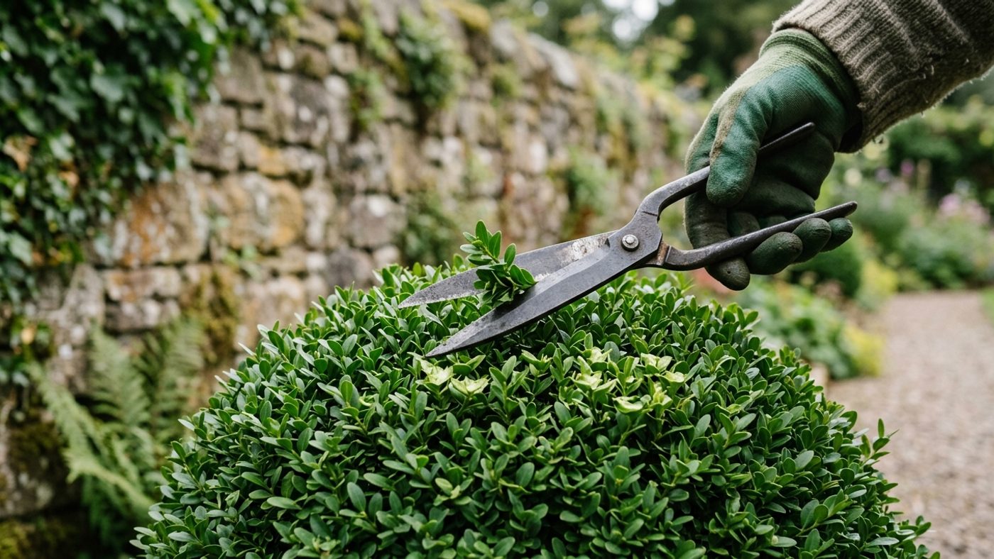 Hand shears mid-cut trimming a dense box ball topiary to a crisp, even surface