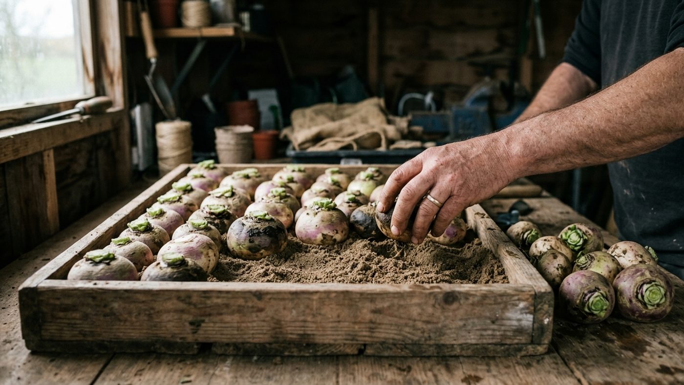 Turnip roots with leaves trimmed off being packed into a tray of moist sand for winter storage