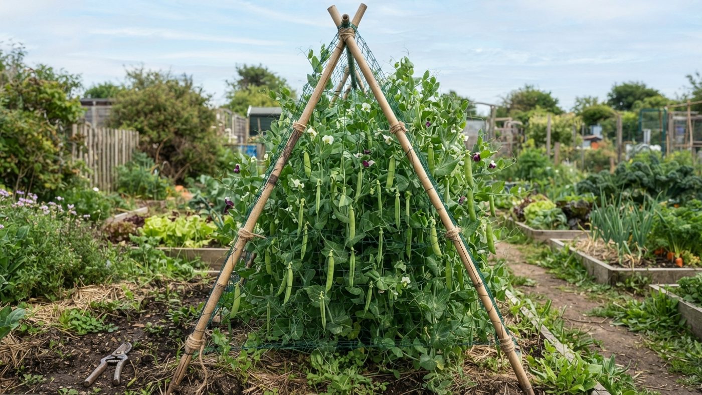 An A-frame cane structure covered in netting for climbing peas