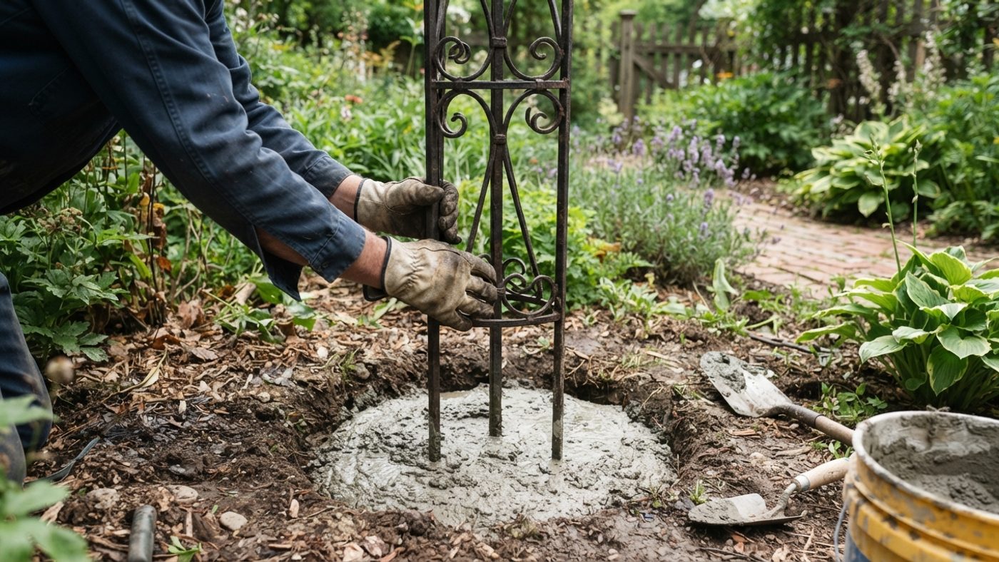 A tall garden obelisk post being set into a concrete footing for stability