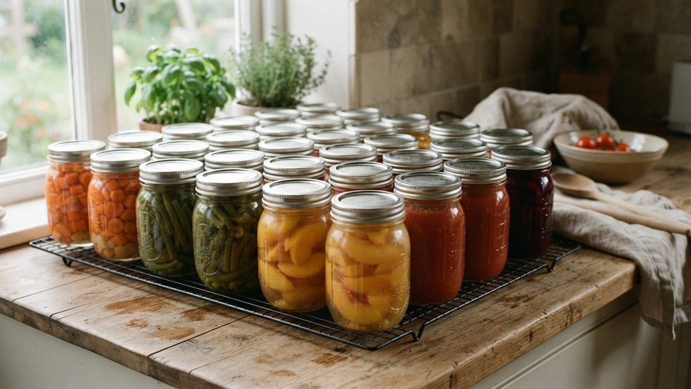 Sealed glass preserving jars cooling undisturbed on a wire rack