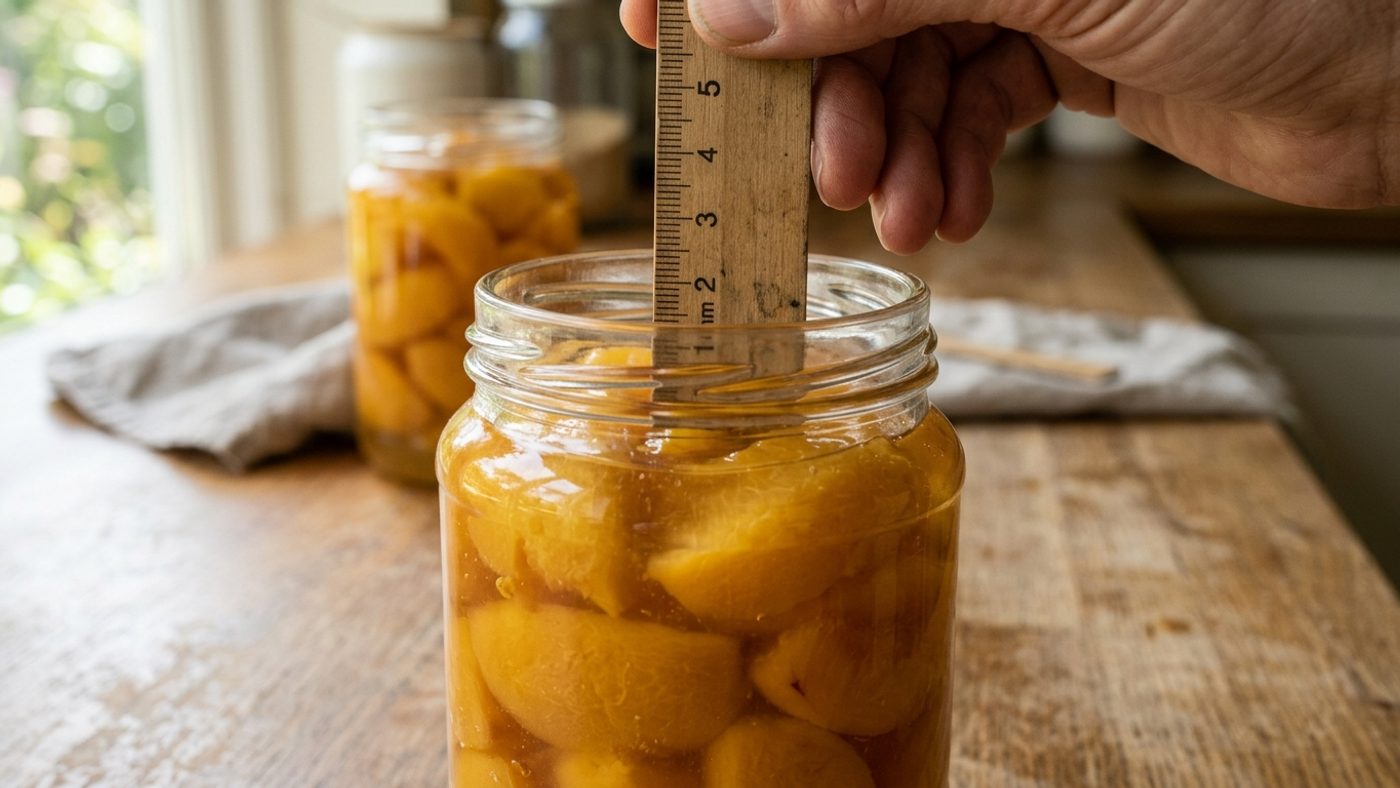 A ruler being used to check the headspace gap between fruit and the rim of a jar