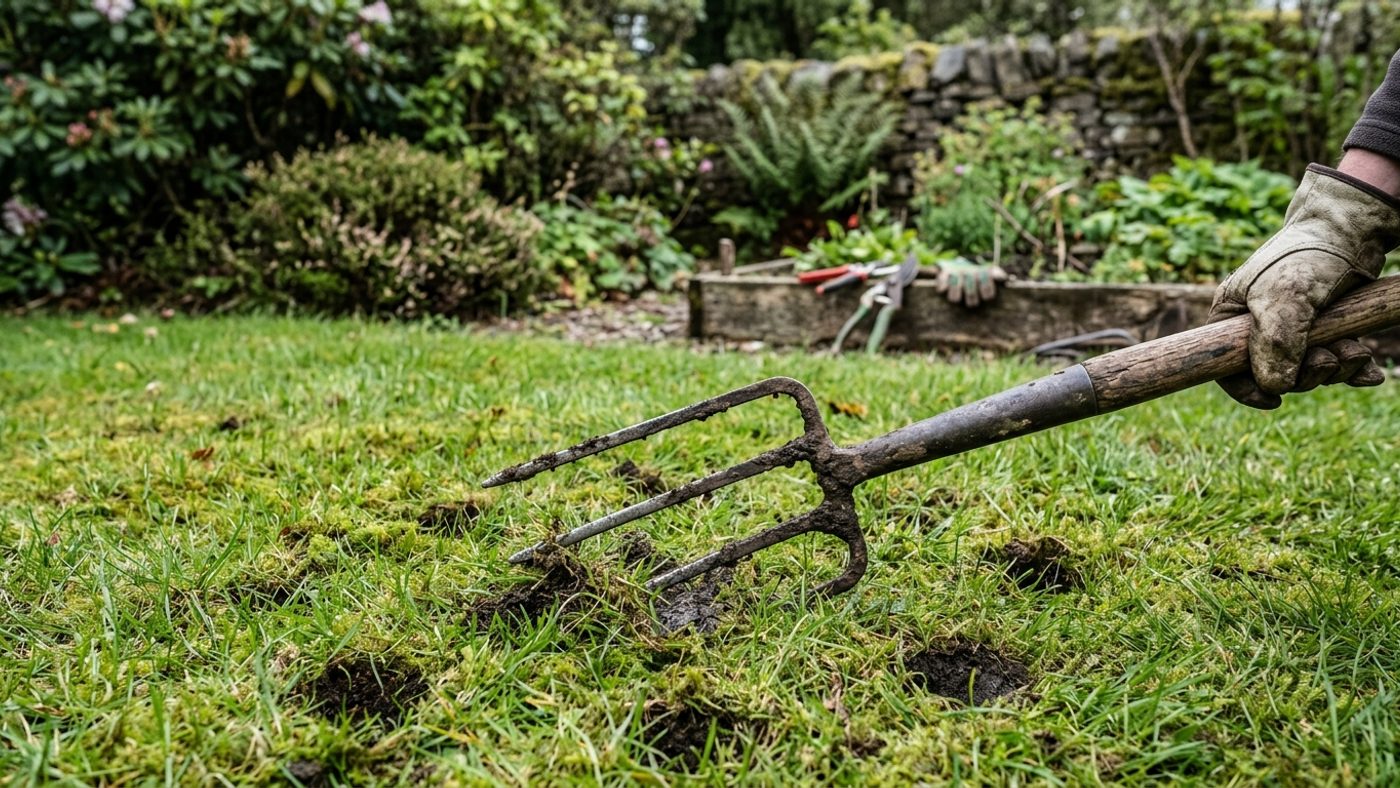 A garden fork pushed into a lawn to aerate compacted soil, with several aeration holes already made nearby