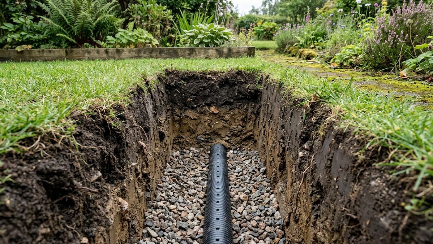 A cross-section of a garden drainage trench mid-installation, showing a perforated pipe laid in gravel below the lawn surface