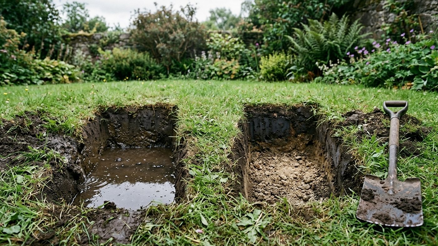 Two spade-depth test holes in a lawn side by side, one filled with water rising from the bottom, one dry at the bottom despite wet ground on the surface