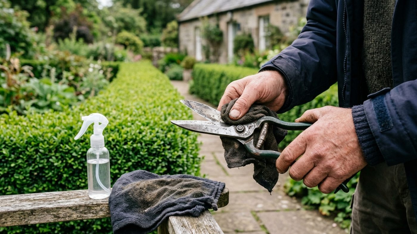 Hand shears being wiped clean with a cloth and disinfectant spray between sections of a box hedge