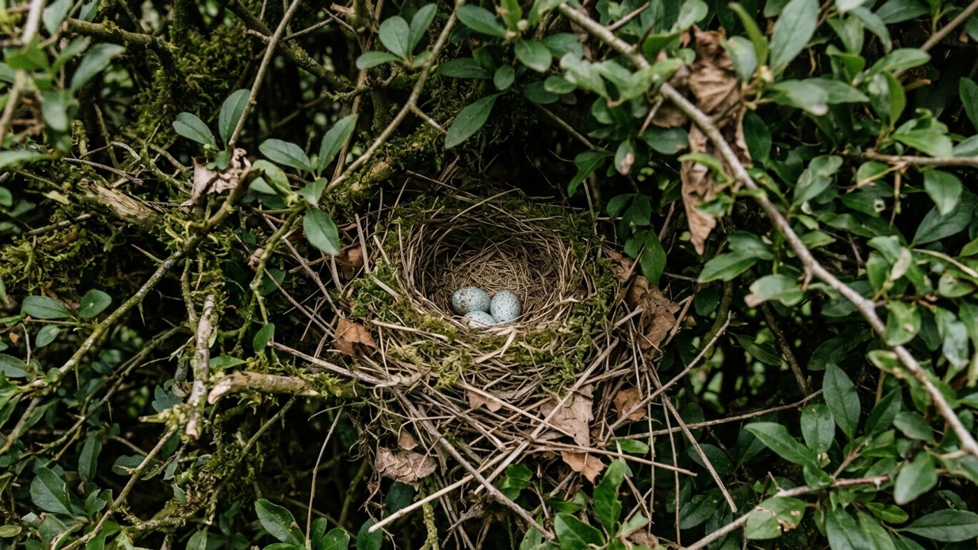 A small bird nest tucked into dense hedge foliage, spotted during a check before cutting