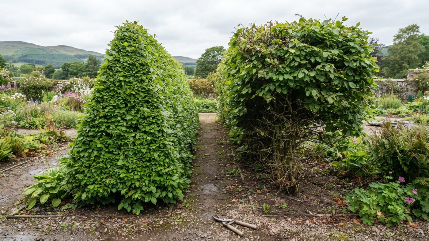 A well-shaped hedge narrower at the top than the base next to a badly shaped hedge bulging wider at the top and thin at the base