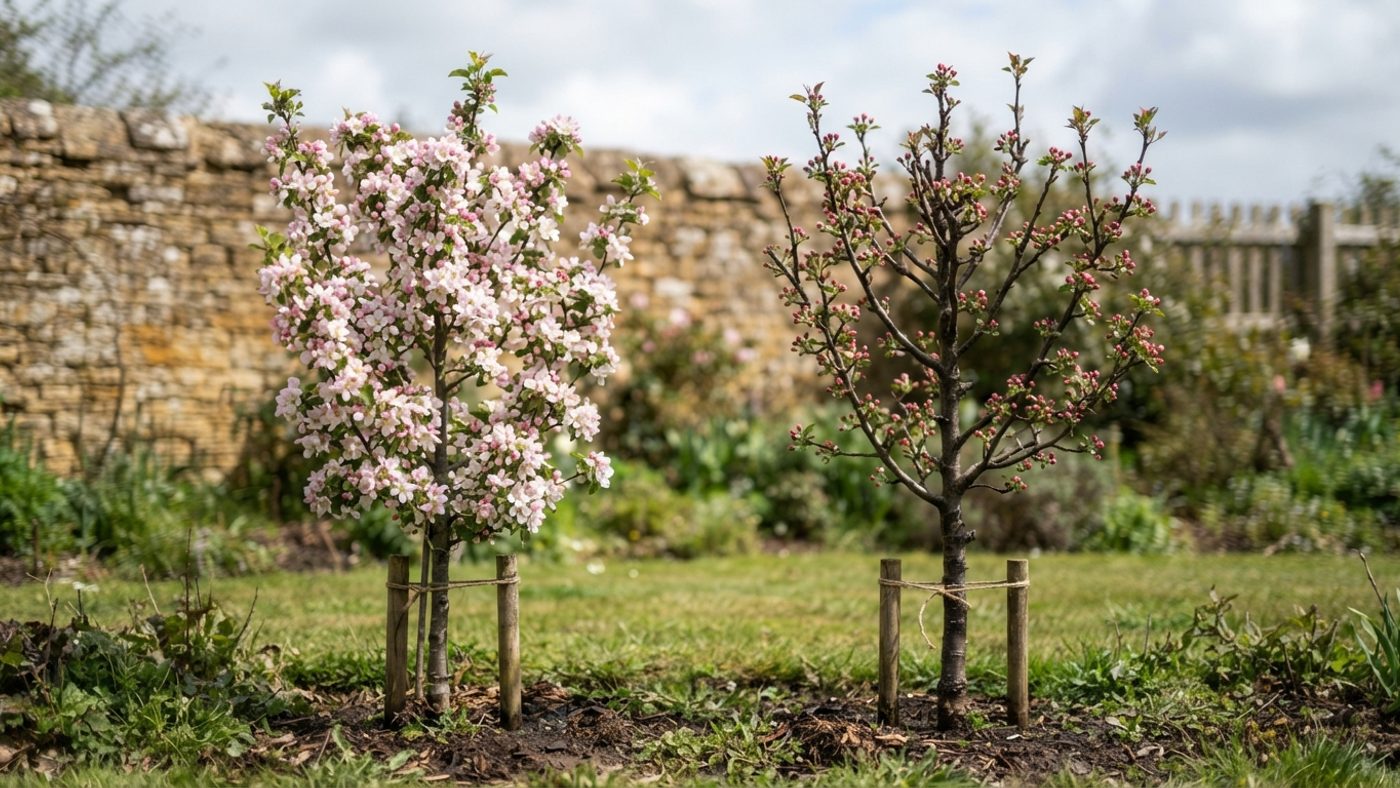 A fruit tree already in full blossom next to an otherwise identical fruit tree with buds still closed and colouring, not yet open