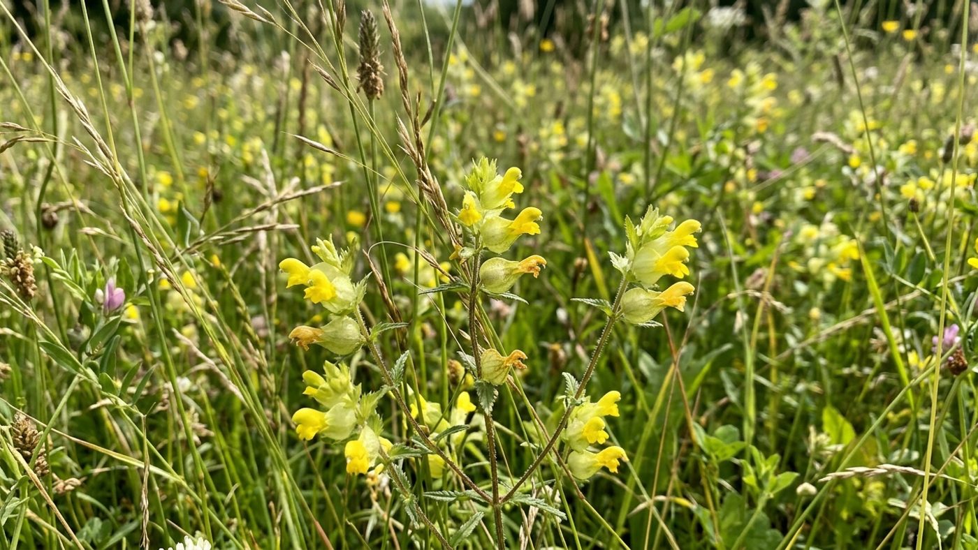 Yellow rattle flowers growing among grass in an establishing wildflower meadow