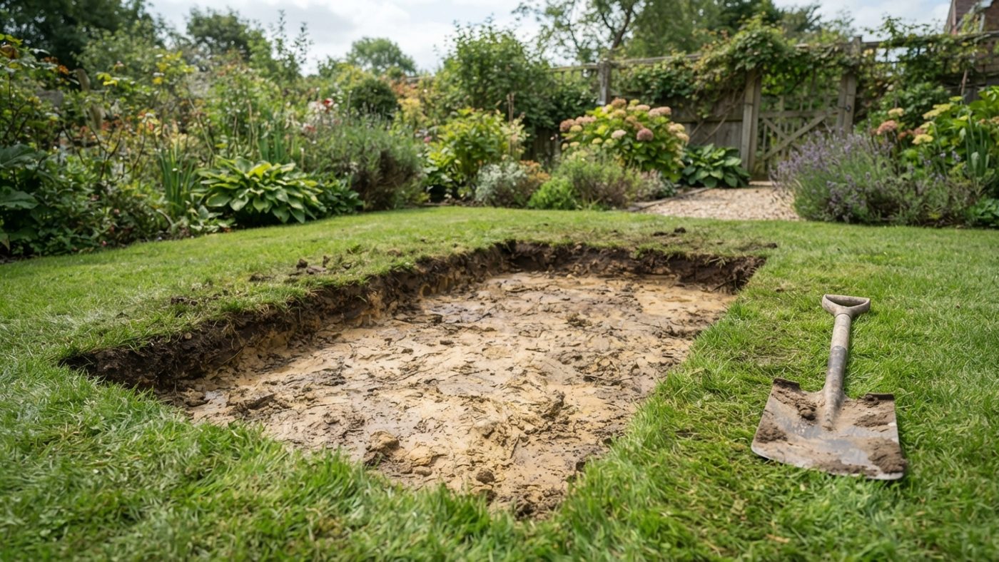 A patch of turf stripped back to bare subsoil in preparation for sowing a wildflower mix