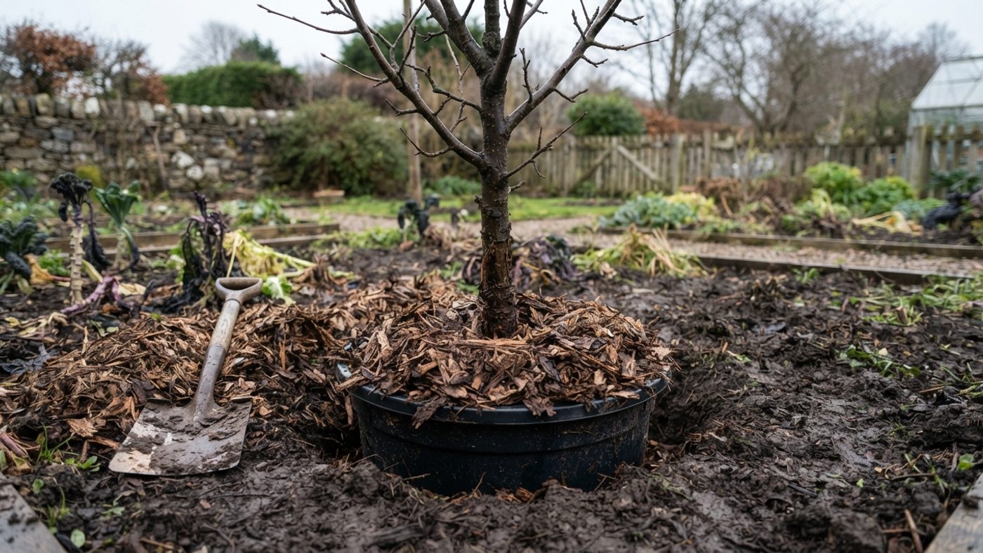 A potted fruit tree plunged into a hole in a vegetable bed with mulch heaped over the rim of the pot