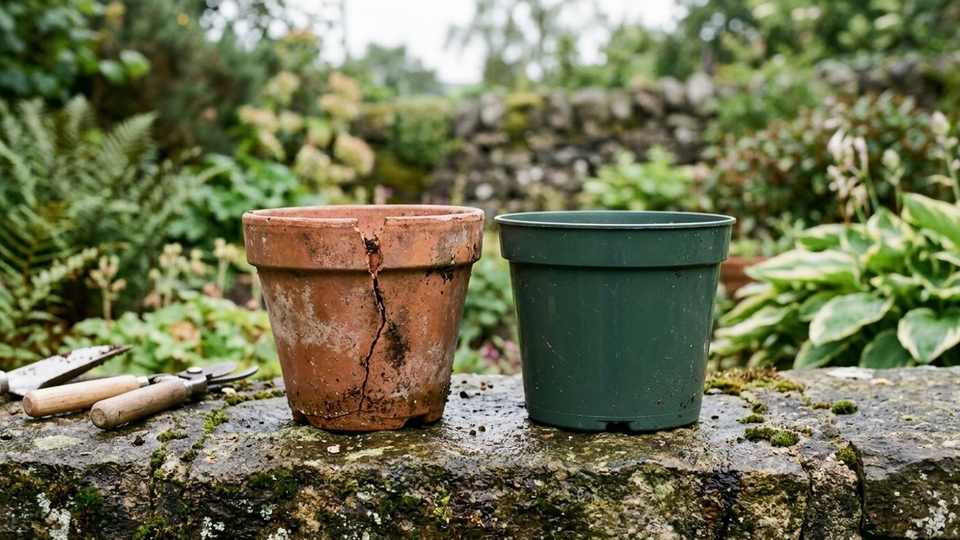 A terracotta pot cracked by frost expansion next to an intact plastic pot of the same size