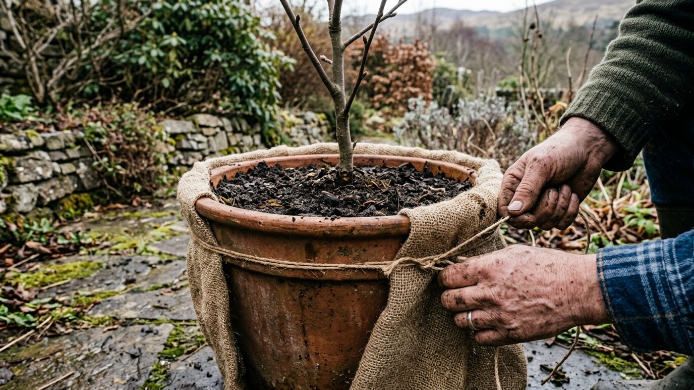 Hessian sacking being wrapped and tied snugly around the sides of a potted fruit tree for winter insulation