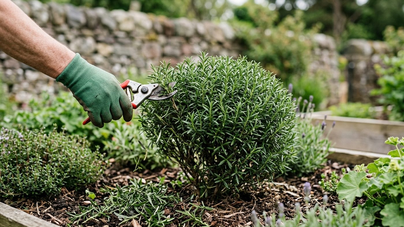 Secateurs lightly pruning a winter savory shrub in spring to keep it compact and prevent straggly growth
