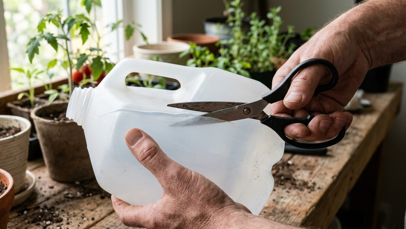 A milk jug being cut and prepared with drainage and ventilation holes for winter sowing