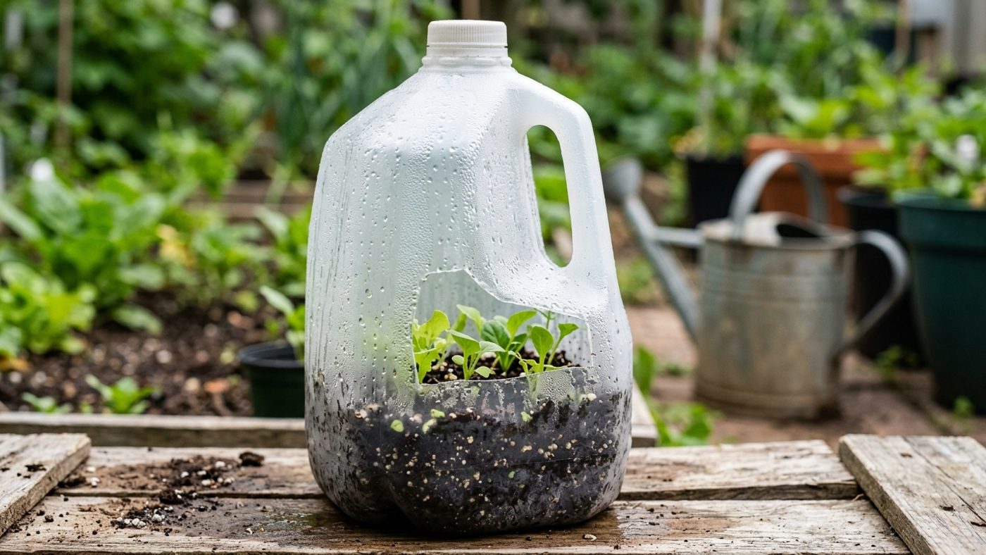 Condensation beaded on the inside of a taped-up jug with seedlings visible inside